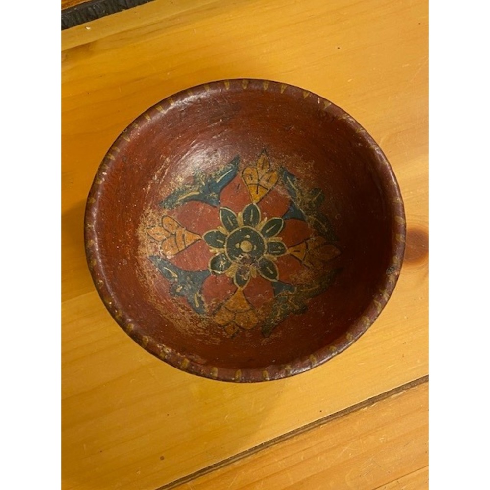 Vintage Moroccan Hand Painted Pottery Bowl Rabat Floral Folk Art Terracotta 6"